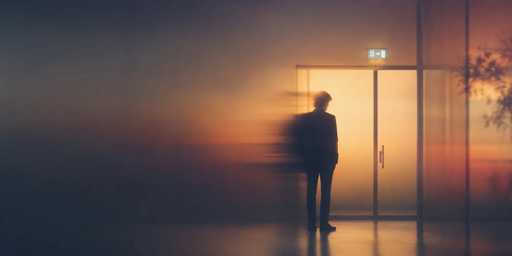 A man in silhouette leaving through an office door beneath an exit sign, at dusk