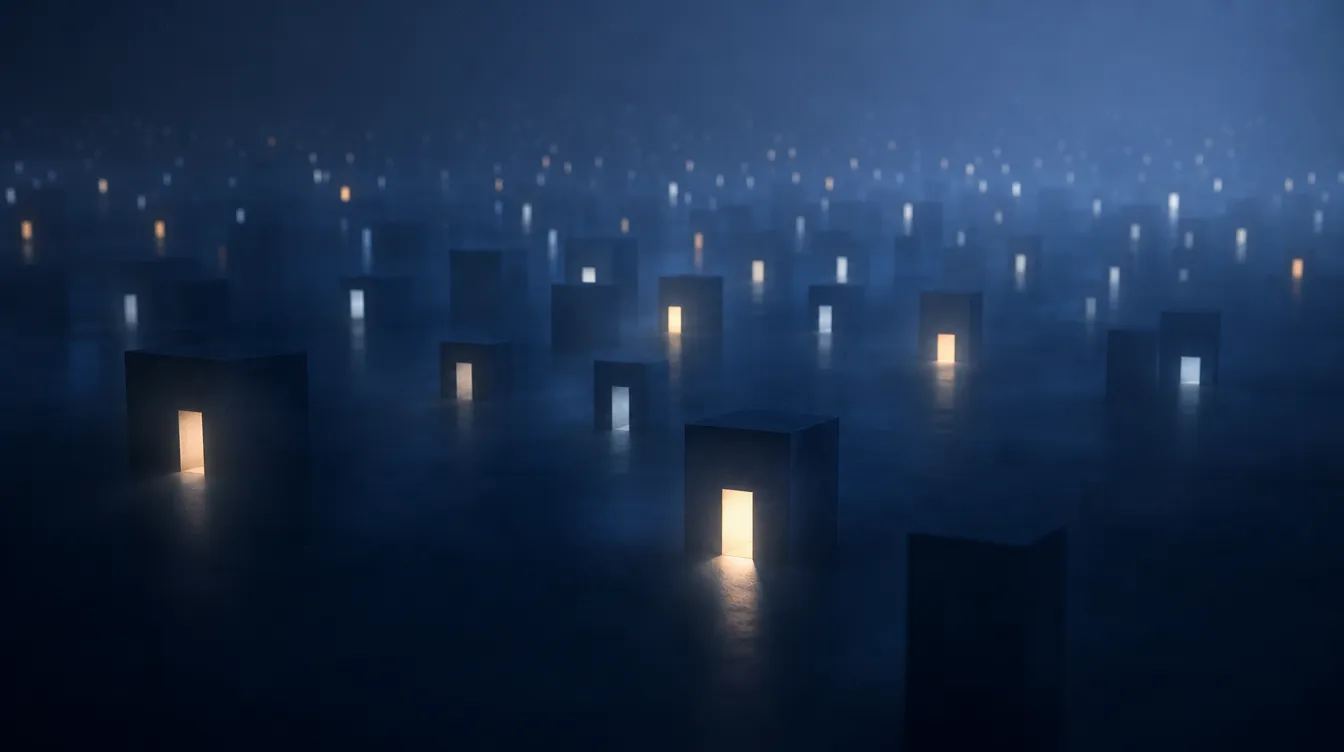 A vast field of small lit doorways receding into blue haze